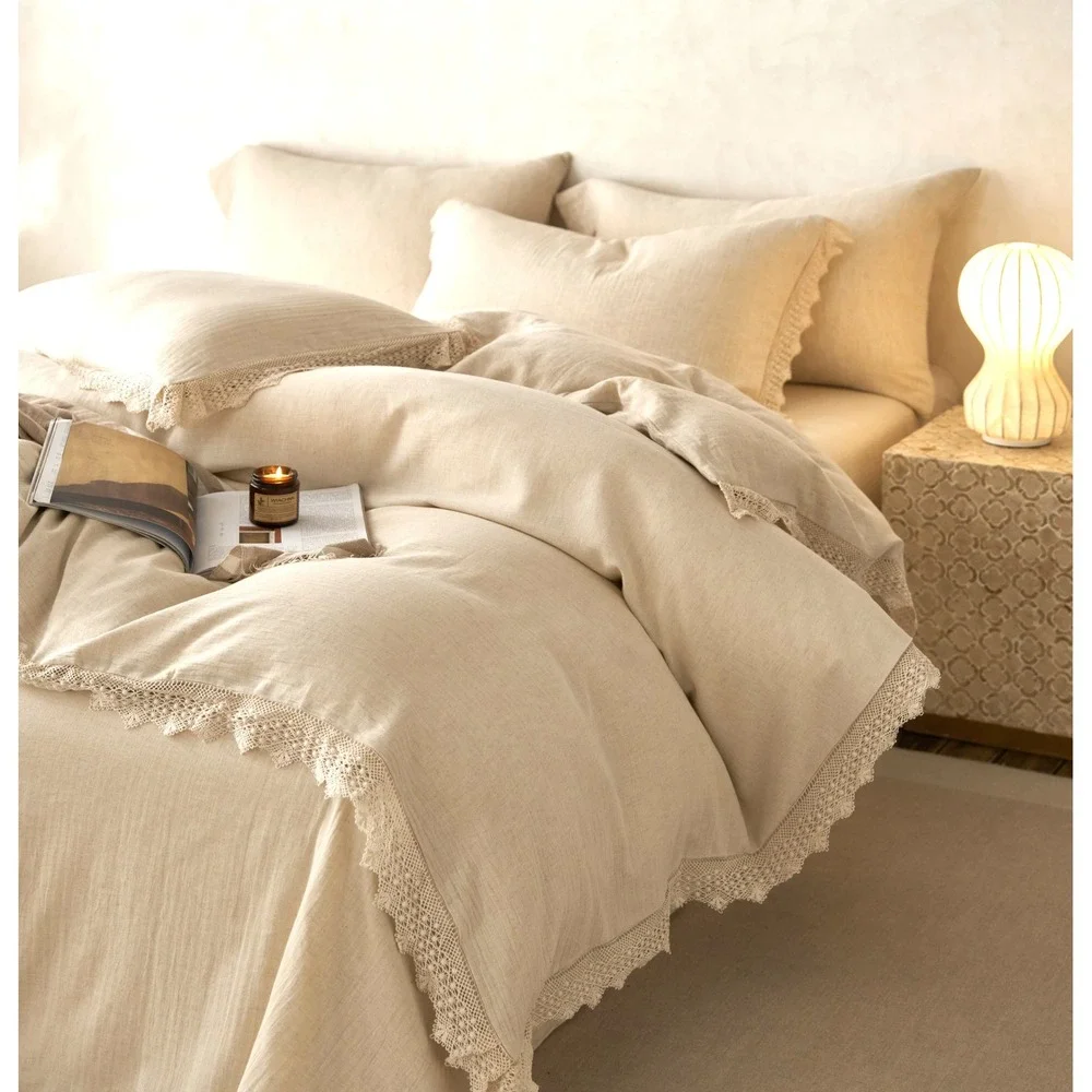 Luna Lace Linen Duvet Cover Set With 2  Pillowcase Top Grade &‎ Natural King